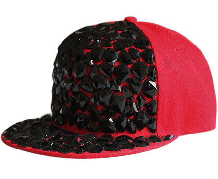 Adjustable Men's And Women's Flat Brim Full Black Diamond Rivet Baseball Hat