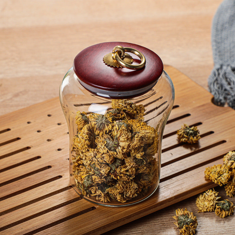 Pot en verre hermétique pétale avec couvercle en bois pour la maison