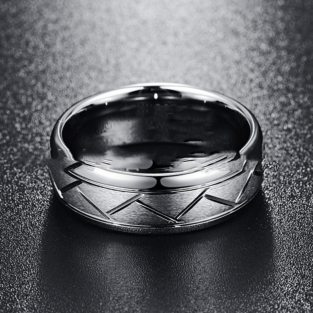 Men's Fashion Silver Gray Frosted Face Angle Trunking Tire Pattern Tungsten Ring