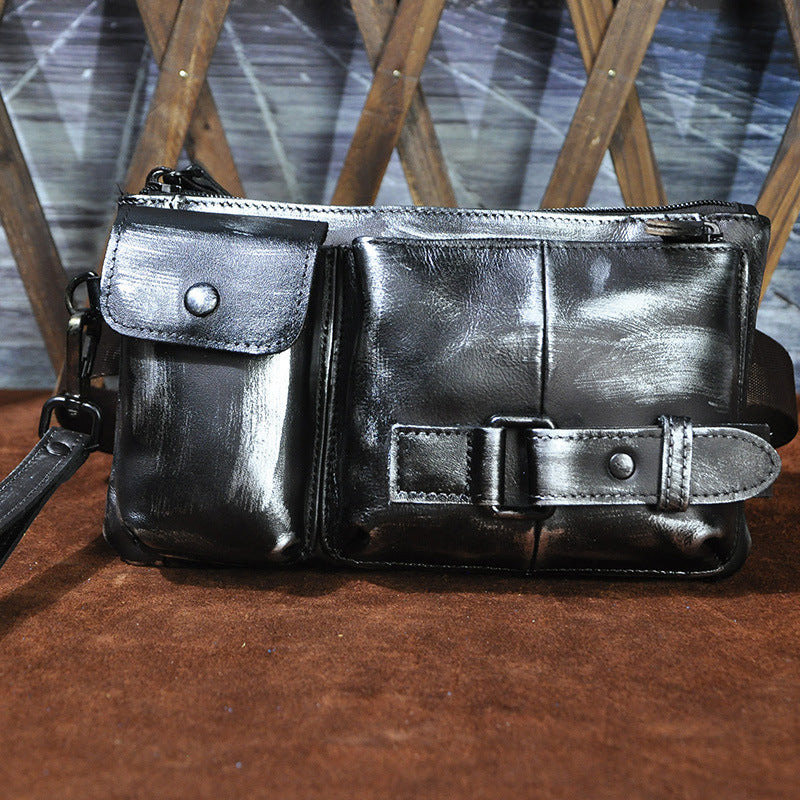 Vegetable Tanned Leather Cowhide Men's Trendy Cool Travel Chest Bag Waist