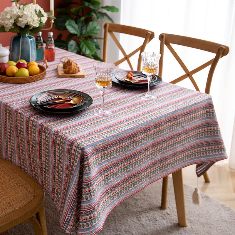 Bohemian Polyester And Cotton Color Woven Floral Striped Tablecloth