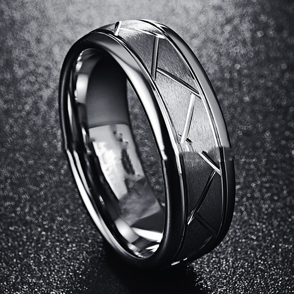 Men's Fashion Silver Gray Frosted Face Angle Trunking Tire Pattern Tungsten Ring