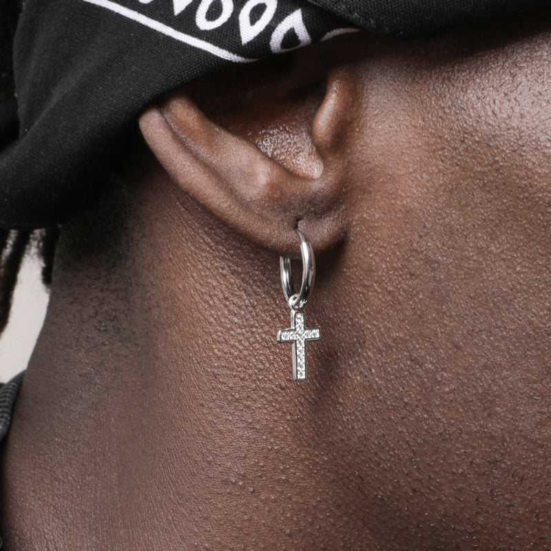 Sterling Silver Cross Ear Ring Men And Women Hip Hop Inlaid Zircon