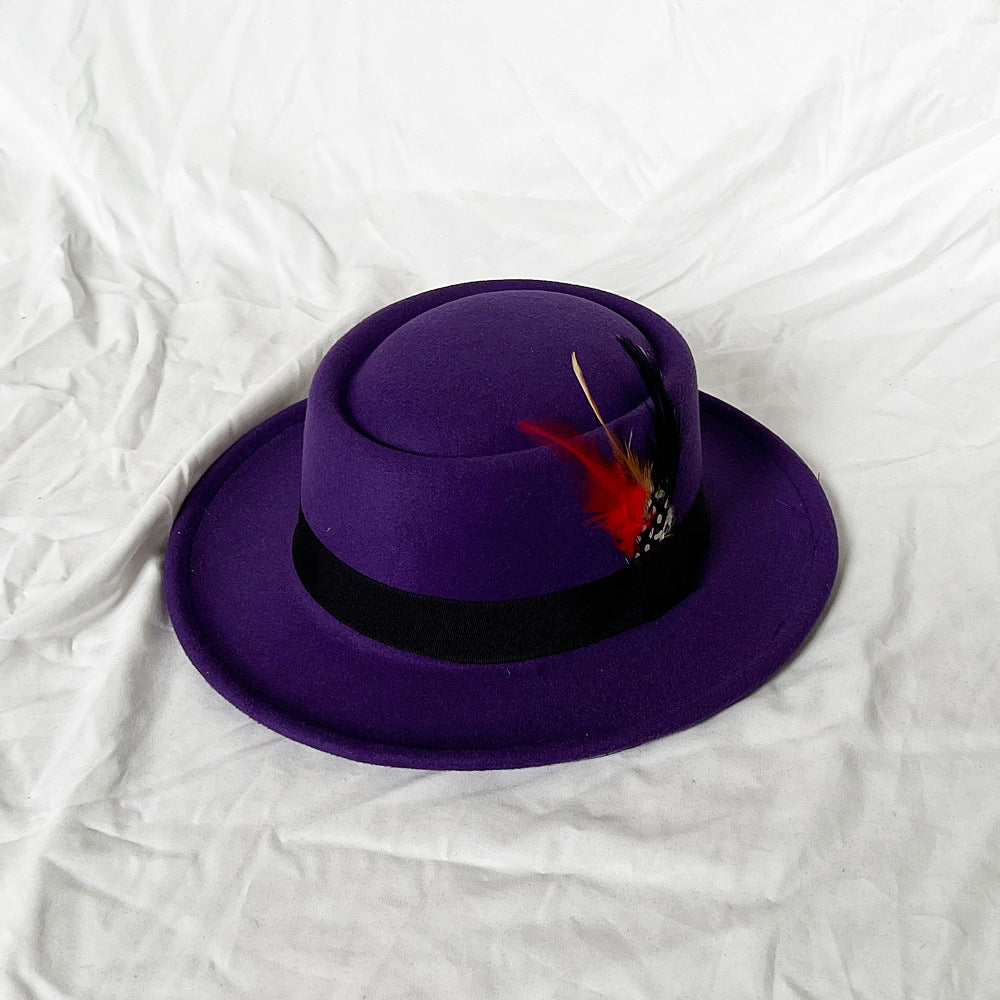 Feather Top Hat Small Flat Top Men's Felt Cap Old White Hat Top Hat