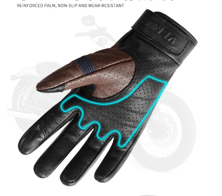 Men's Genuine Leather Sheepskin Vintage Perforated Motorcycle Gloves