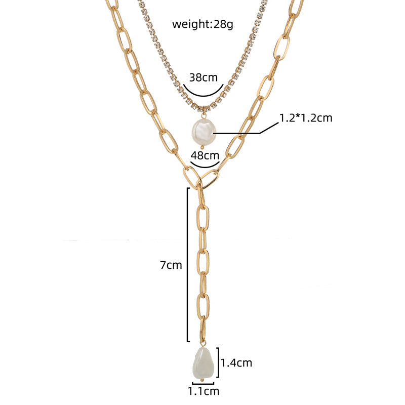 European and American cross-border jewelry, imitation baroque pearl long pendant, multi-layer necklace, rhinestone claw chain, fashion all-match necklace