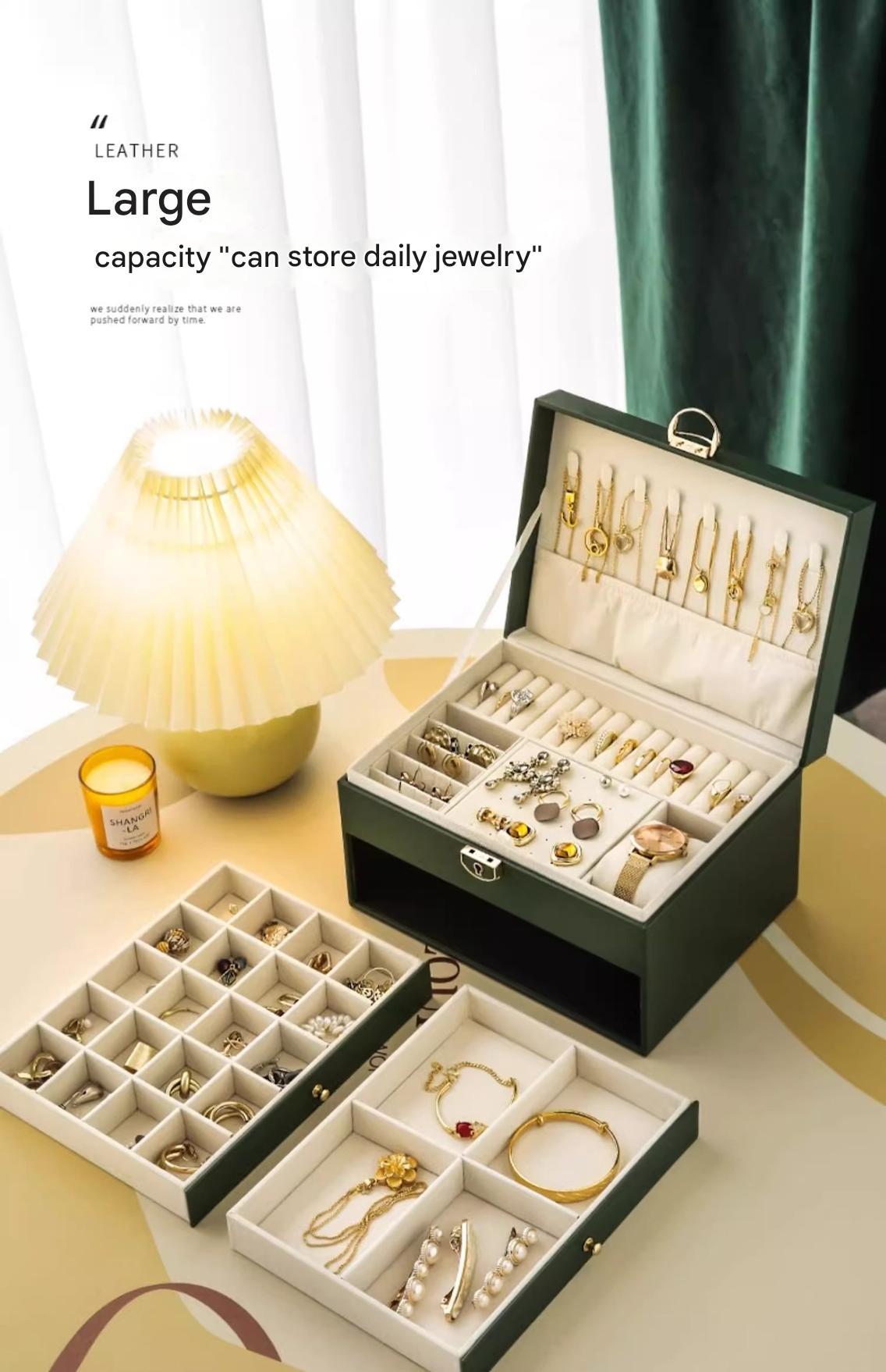 Large Capacity Jewelry Box Leather Three-Tier Drawer Accessories Storage Box Gold Jewelry Necklace Earring Bracelet Storage Box