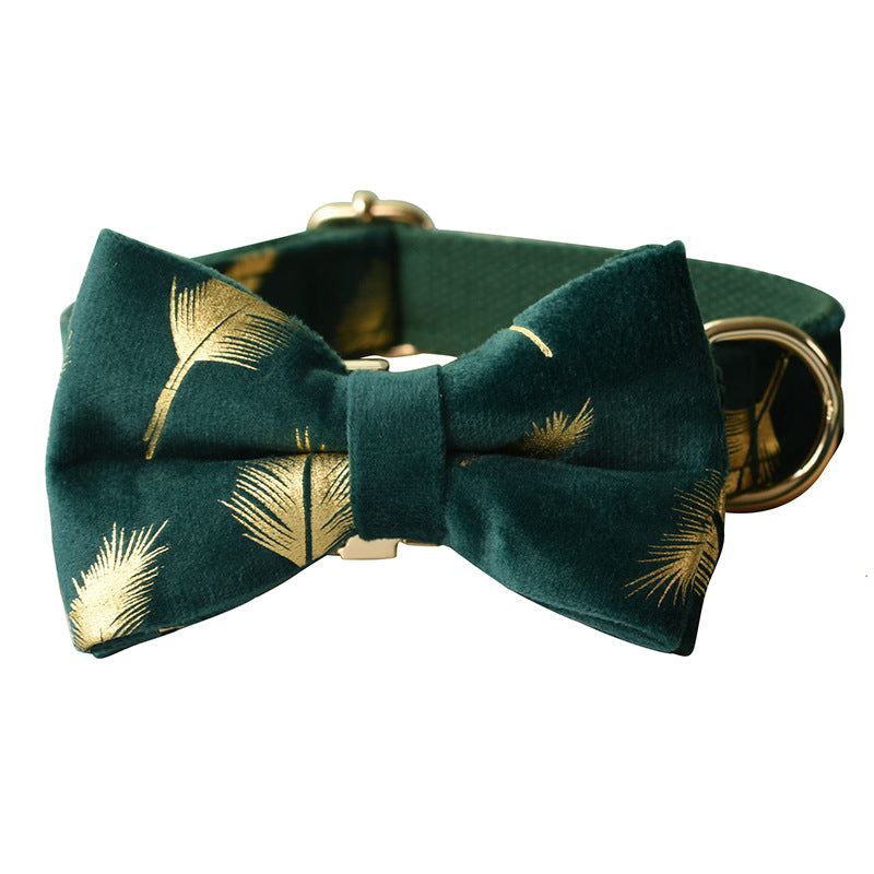 Emerald Feather Pattern Pet Collar Bow Leash Set