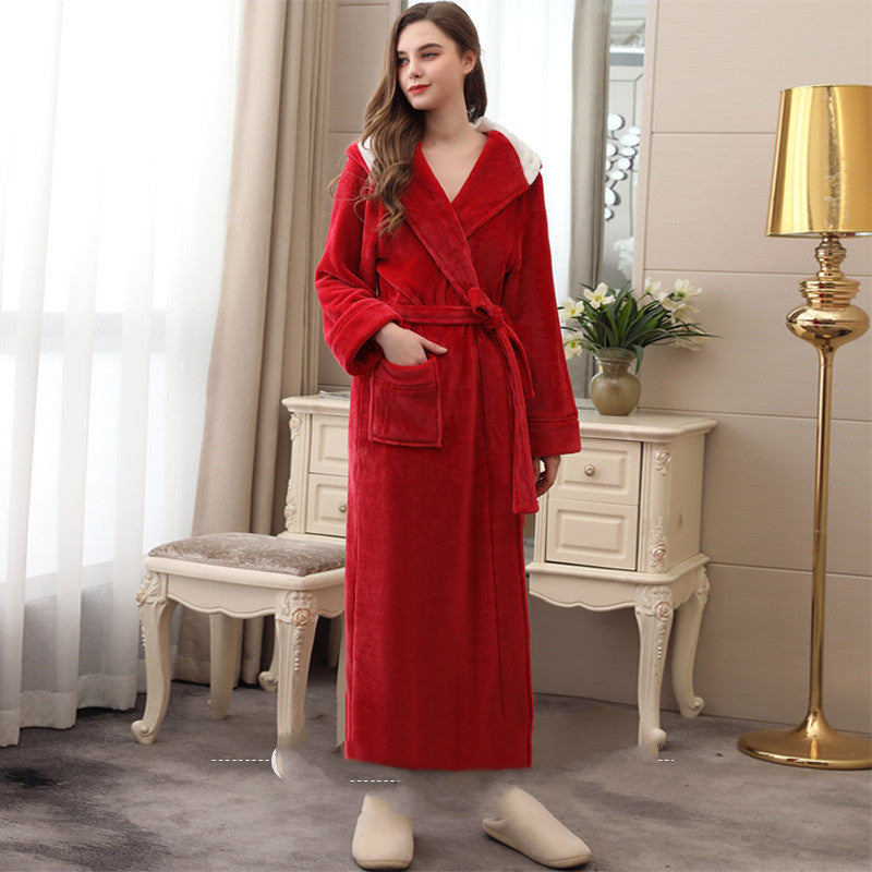 Autumn And Winter Lengthened And Thick Couple Flannel Hooded Nightgown