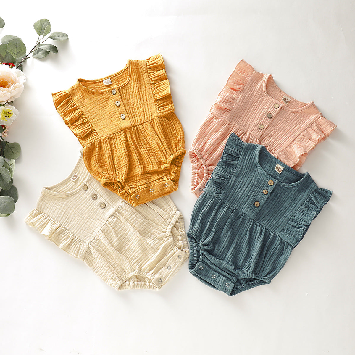 Solid Color Lace Button Triangle Romper