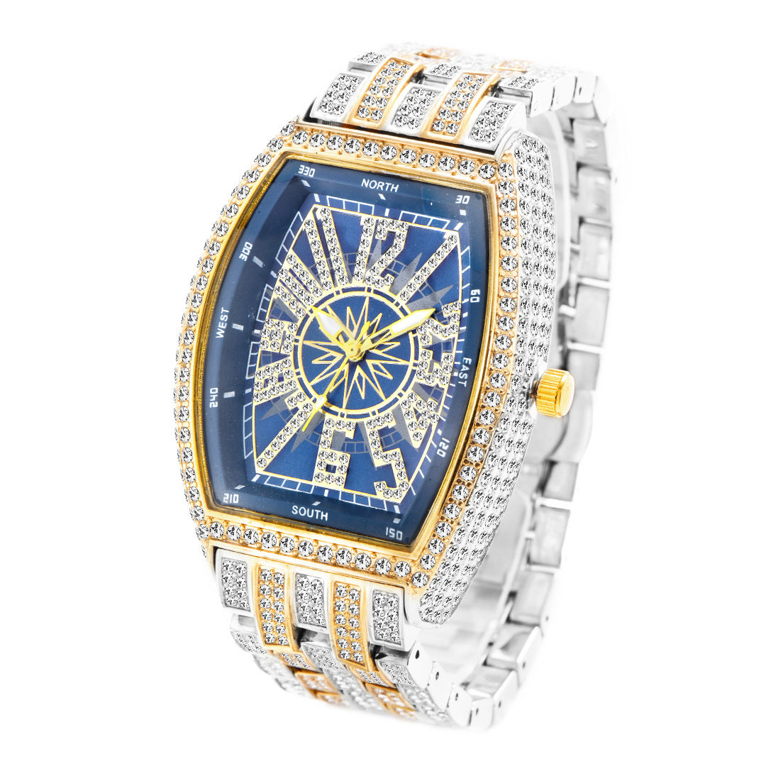 Montre pour hommes à grand cadran, entièrement incrustée de diamants, en forme de seau