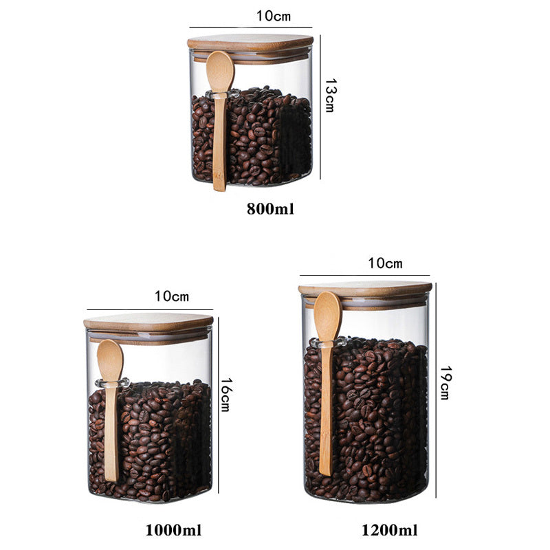Square Glass Sealed Storage Jar With Wooden Spoon Seasoning