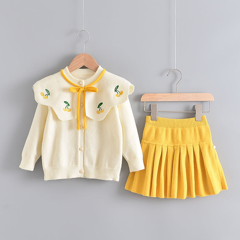 Western Style Knitted Two-piece Sweater Children Cute Long Sleeve Suit Skirt