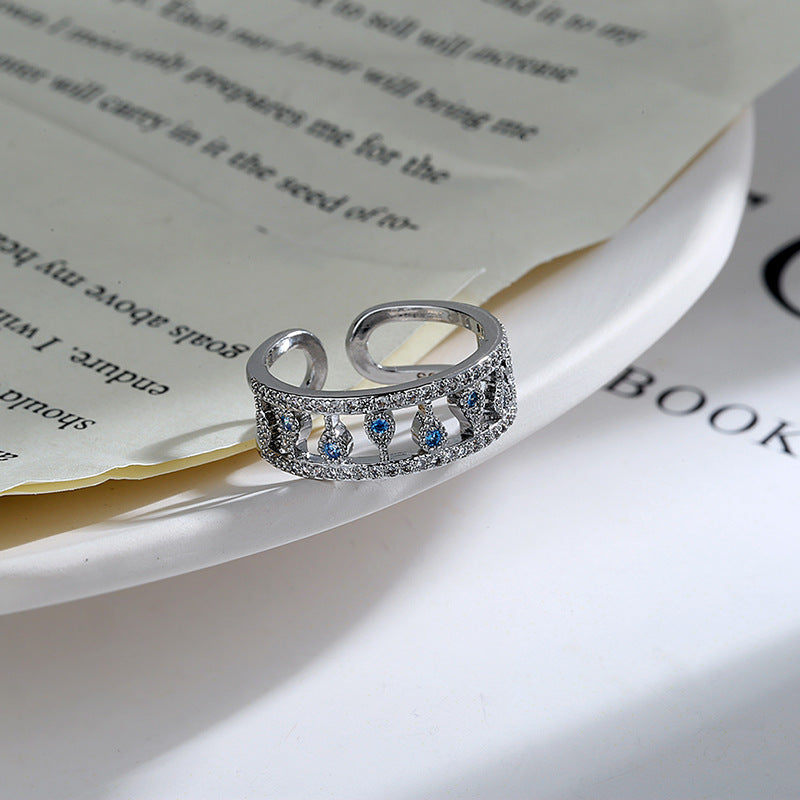 Sterling Silver Exquisite Micro-inlaid Zircon Blue Drop Double Ring
