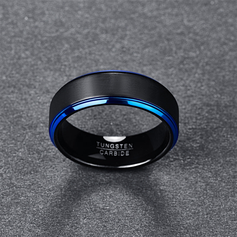 Bague pour homme en acier au tungstène noir plaqué à bord dépoli bleu