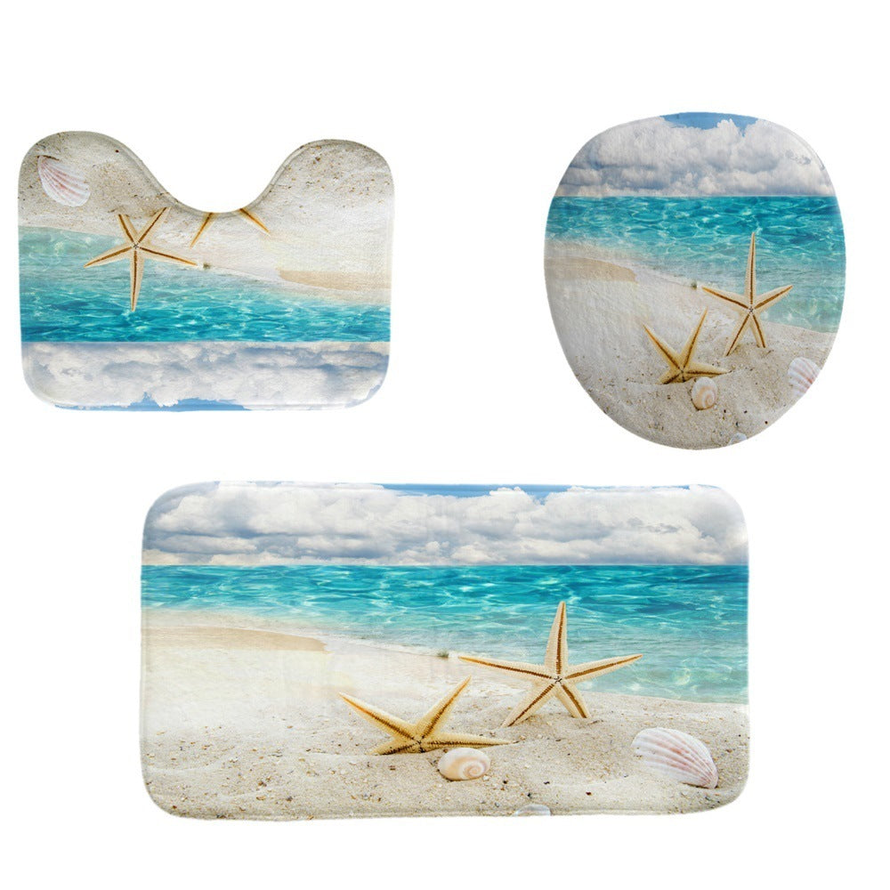 Beach Shell Printed Shower Curtain Carpet Bathroom Mat Four Piece Set