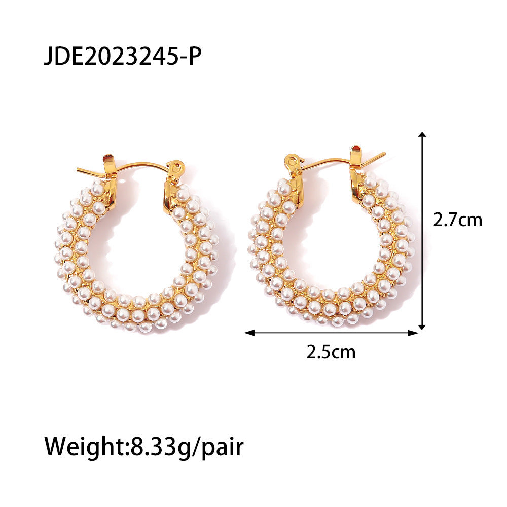 Stainless Steel Plated 18K Ring Set With Zircon Pearl Earrings For Women