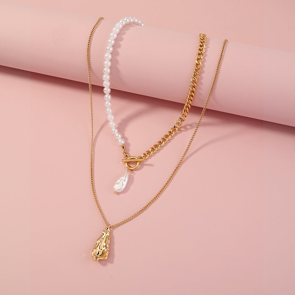 European and American foreign trade ins necklace OT buckle baroque pearl necklace splicing chain retro fashion clavicle chain female