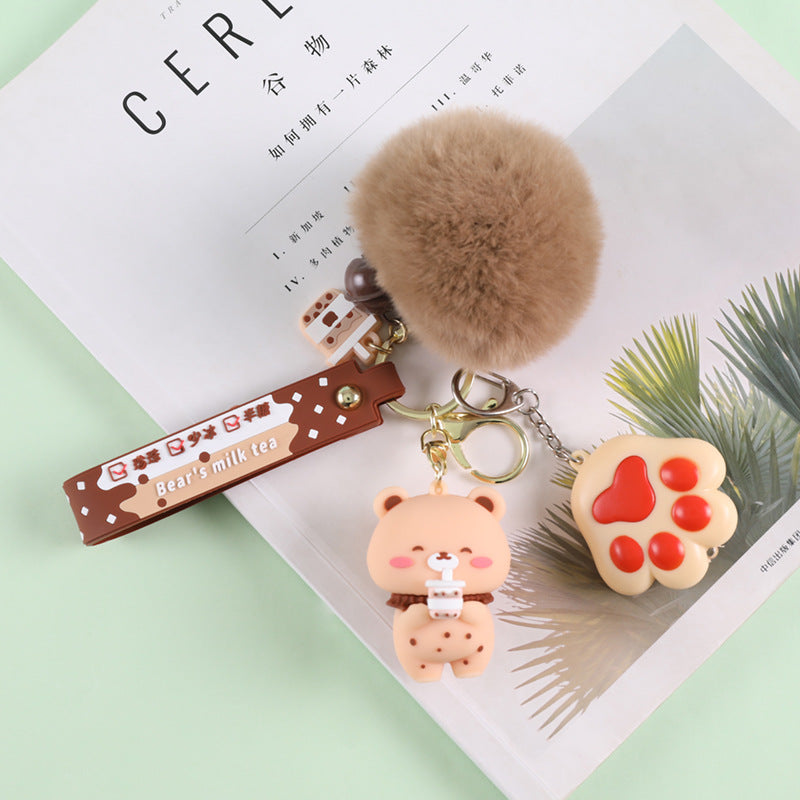 Crystal Milk Tea Cup Leather Rope Key Chain Ring Cartoon Hair Ball