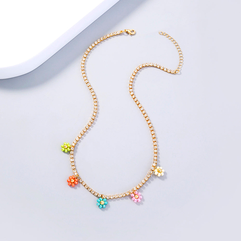 Stylish little fresh colorful flower rhinestone necklace