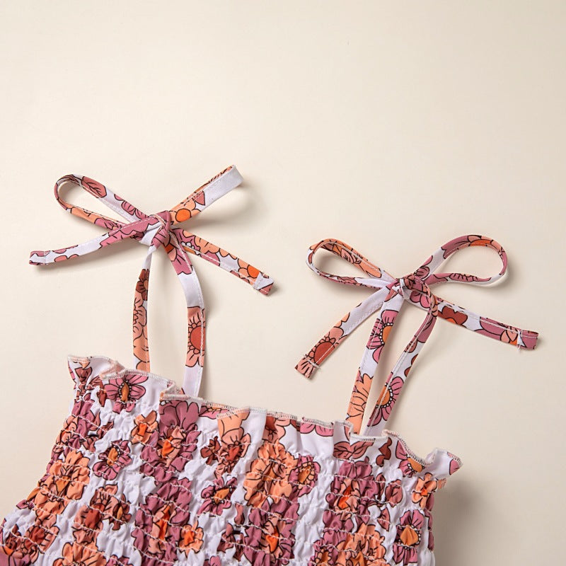Girls' Small Floral Flounce Sling Triangle Jumpsuit