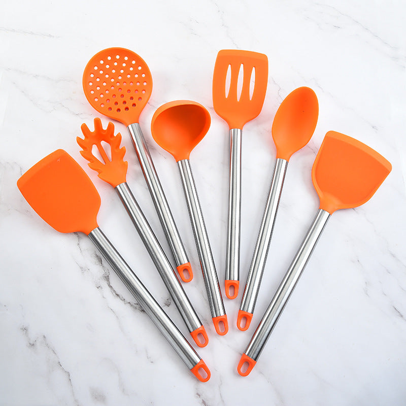 Ensemble d'ustensiles de cuisine 7 pièces en silicone et acier inoxydable, spatule et cuillère en silicone