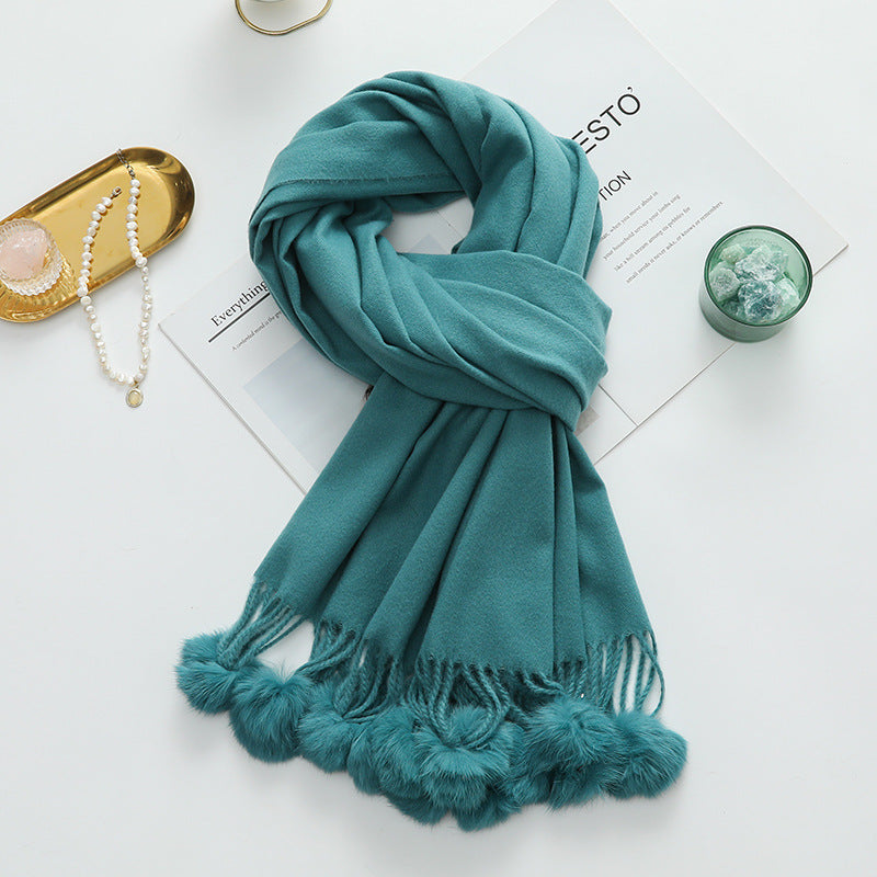Versatile New-Style Womens Cape With Pompoms Cashmere And Wool Scarf