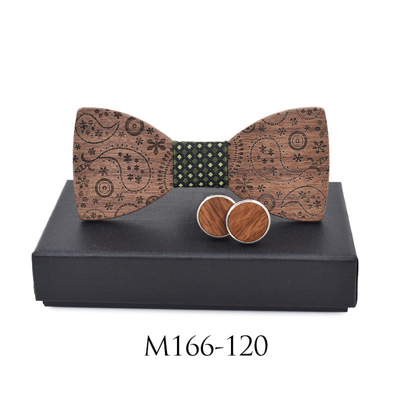 Paisley Carved Party Wood Bow Tie Cufflinks Set