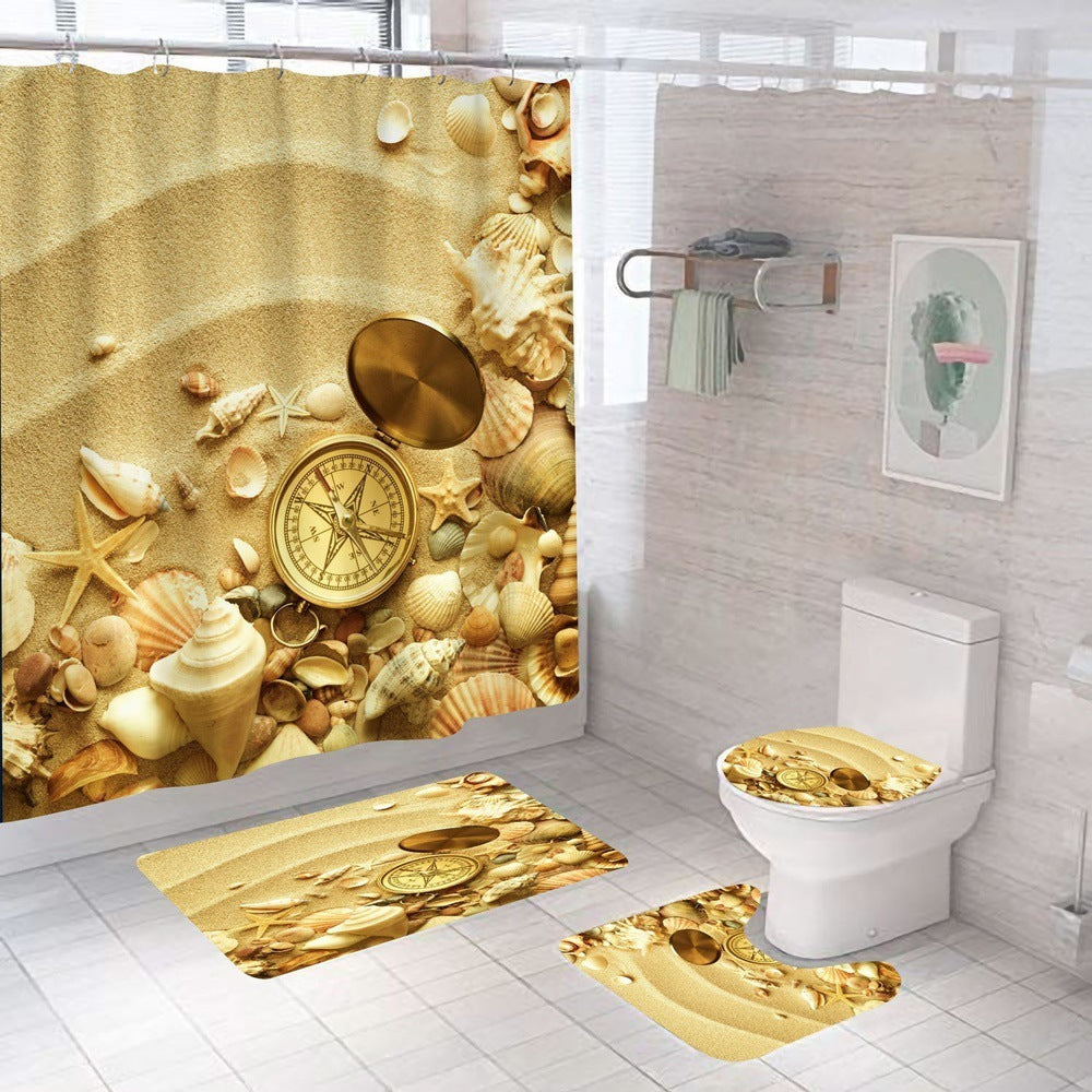 Beach Shell Printed Shower Curtain Carpet Bathroom Mat Four Piece Set