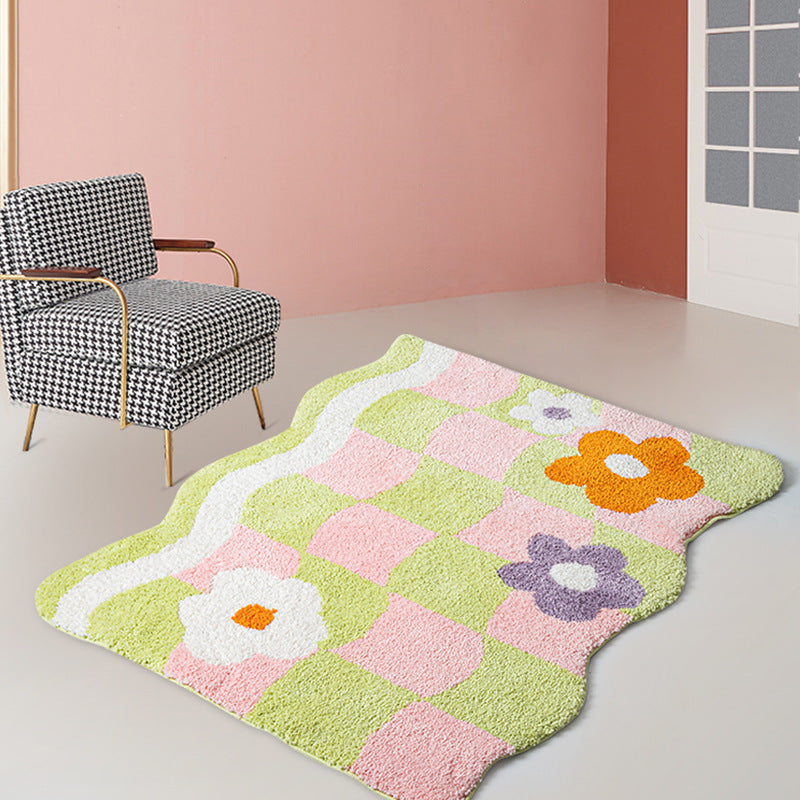 Wave Plaid Small Flower Tufted Carpet Non-slip Bathroom Step Mat Flocking Bedside Blanket
