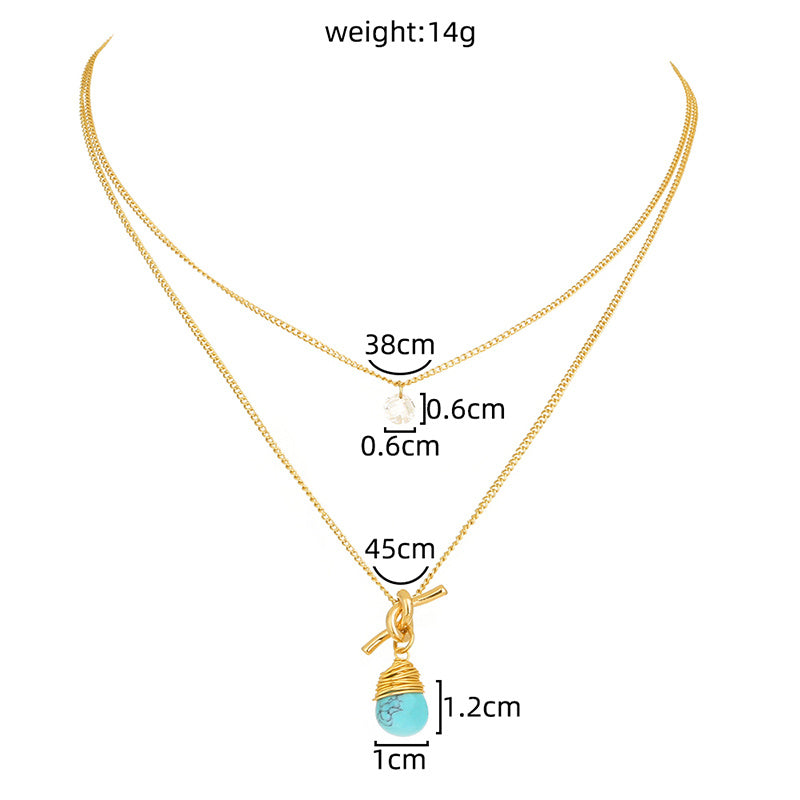 European and American foreign trade new product hot-selling jewelry, metal knotted hand-wound turquoise water droplet simple multi-layer necklace