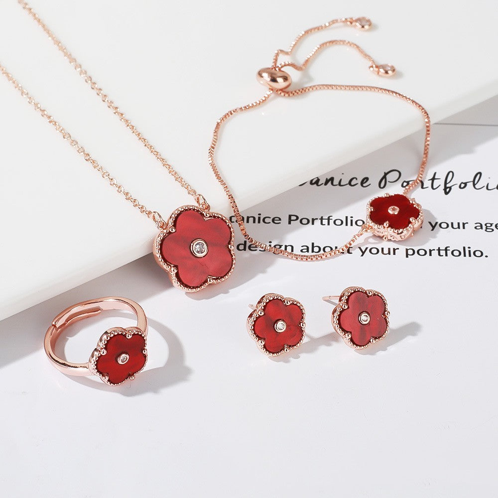 Gold Flower Bracelet Ring Earrings Bracelet Women's Suit