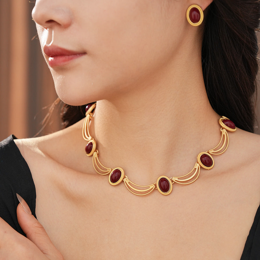 Vintage Gemstone Necklace And Earrings Set Alloy Gem Necklace Sterling Silver Post Stud Earrings Women Is Retro Jewelry