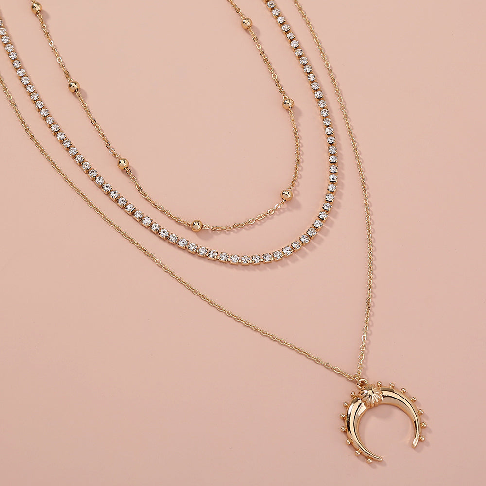 Multi-layer Retro Moon Horn pendant with exaggerated style and diamond necklace