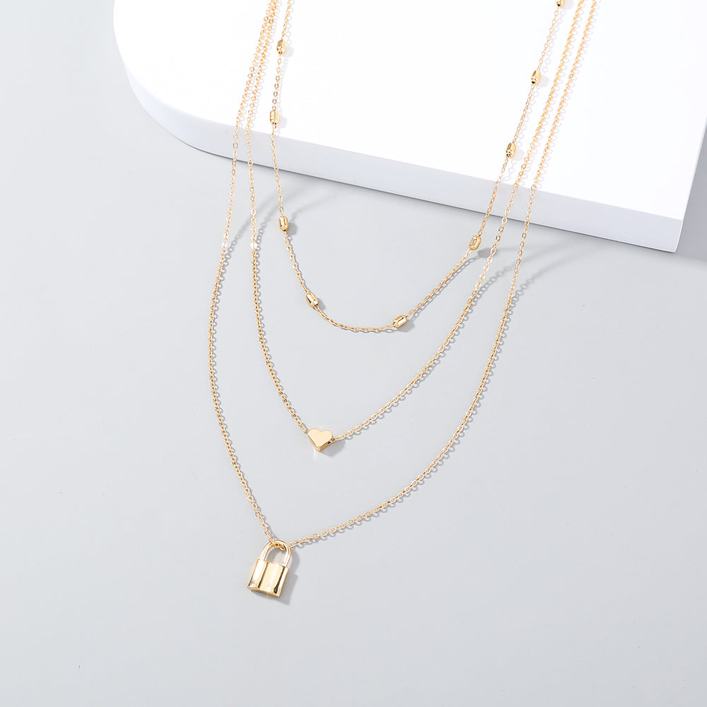 European and American cross-border retro fashion multi-layered simple love lock pendant necklace ins wind clavicle chain jewelry