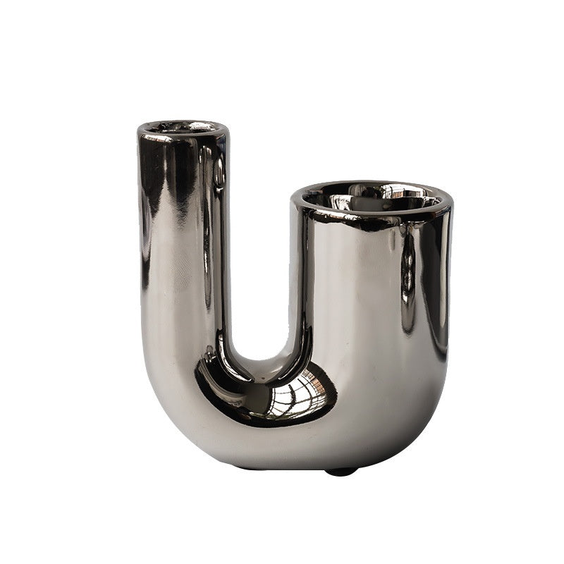 Modern Simple And Light Luxury Silver Plated Geometric Ceramic Candlestick Art Soft Outfit Decoration