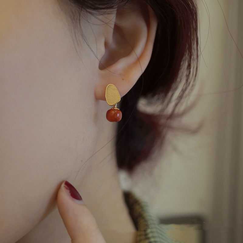 Benming Full Meat Southern Red Agate Sterling Silver Needle Earrings For Women
