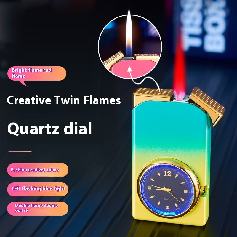 Windproof Double Flame Creative Quartz Real Dial Straight Open Flame Double Flame Gas Lighters Cross-border