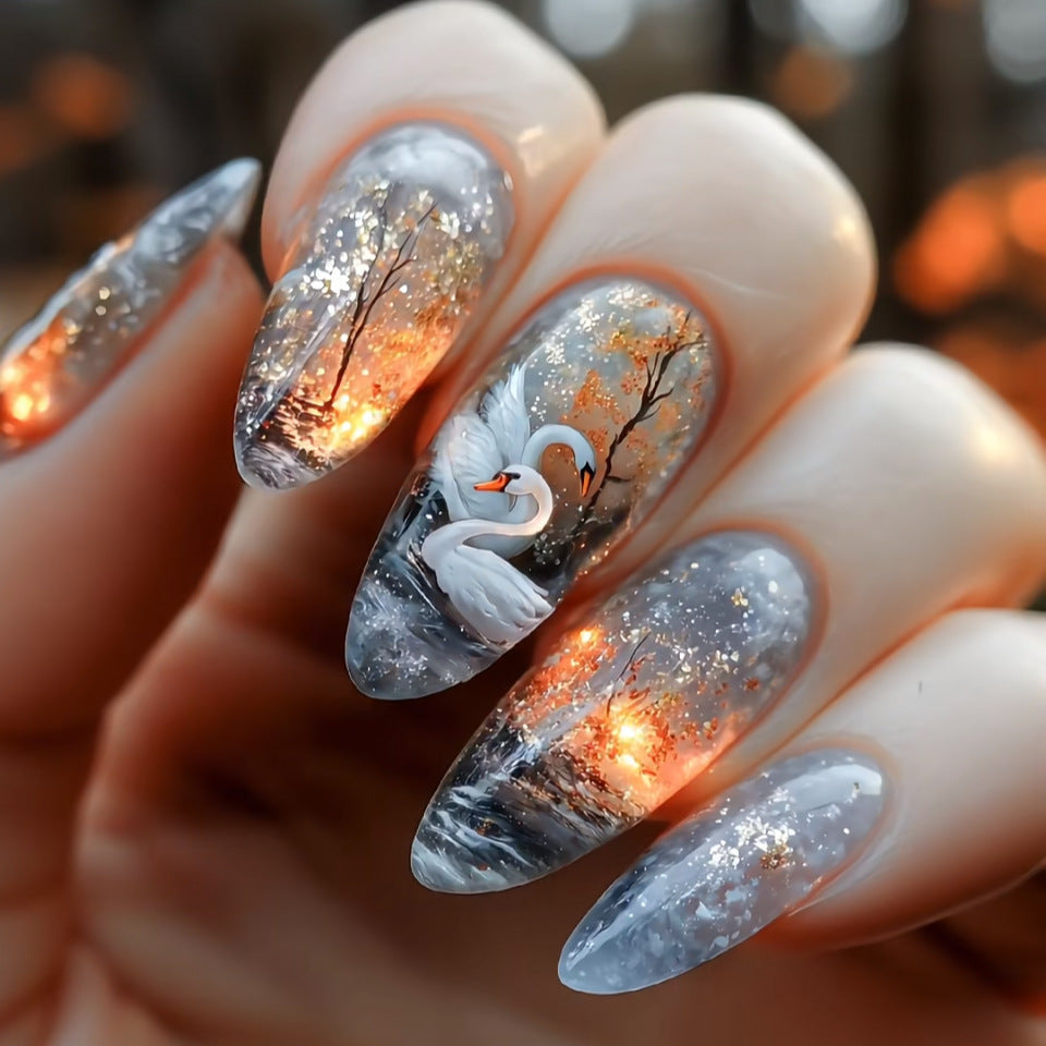 WM-43 Swan Lake Dance Fake Nails Almond Wear Armor