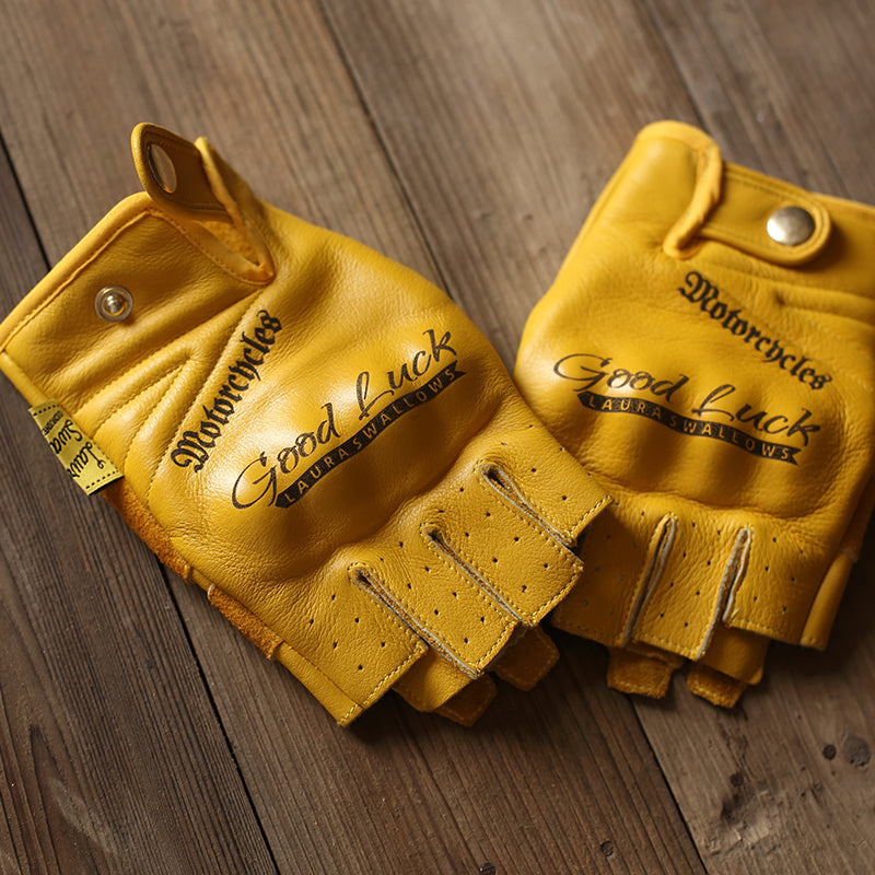 Yellow First Layer Cowhide Half Finger Motorcycle Gloves