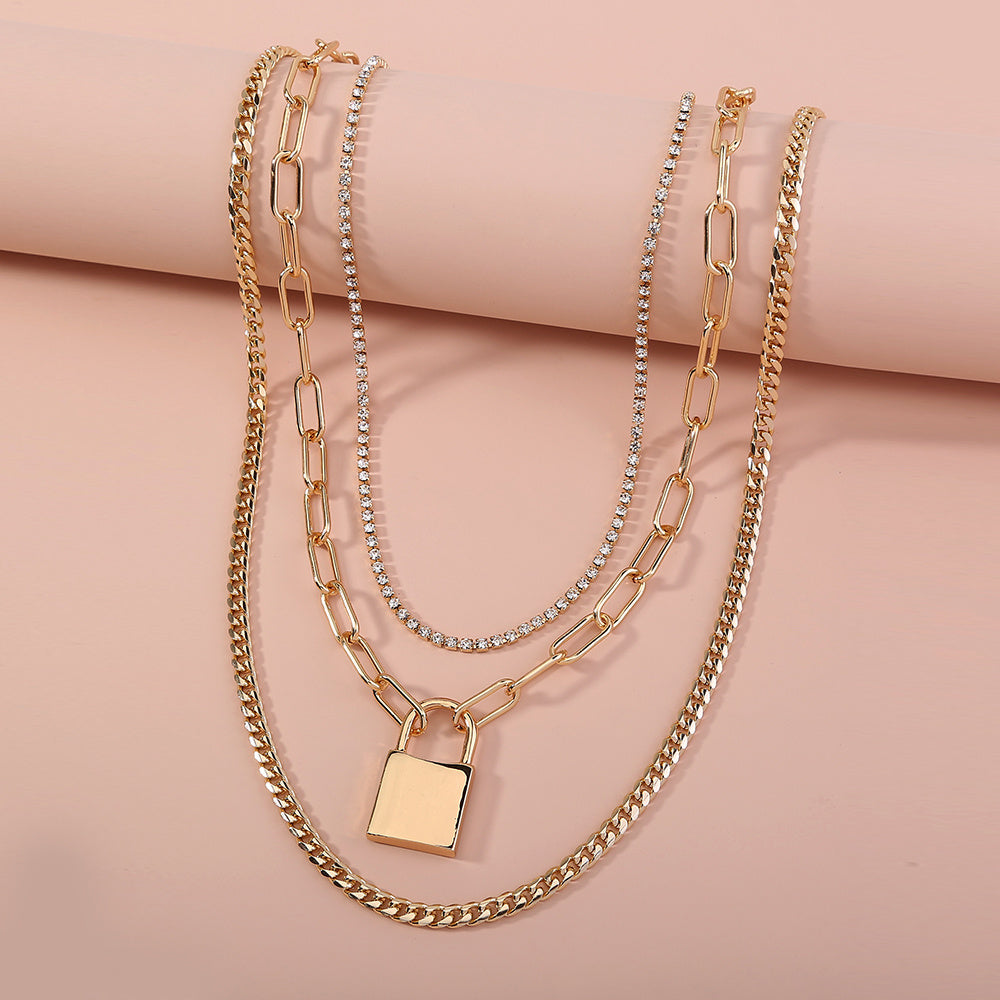 European and American cross-border jewelry Fashion street style lattice chain lock necklace gift rhinestone claw chain multi-layer chain