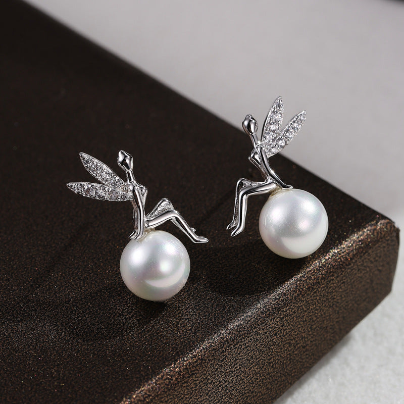 Silver Design Angel Sitting Earrings