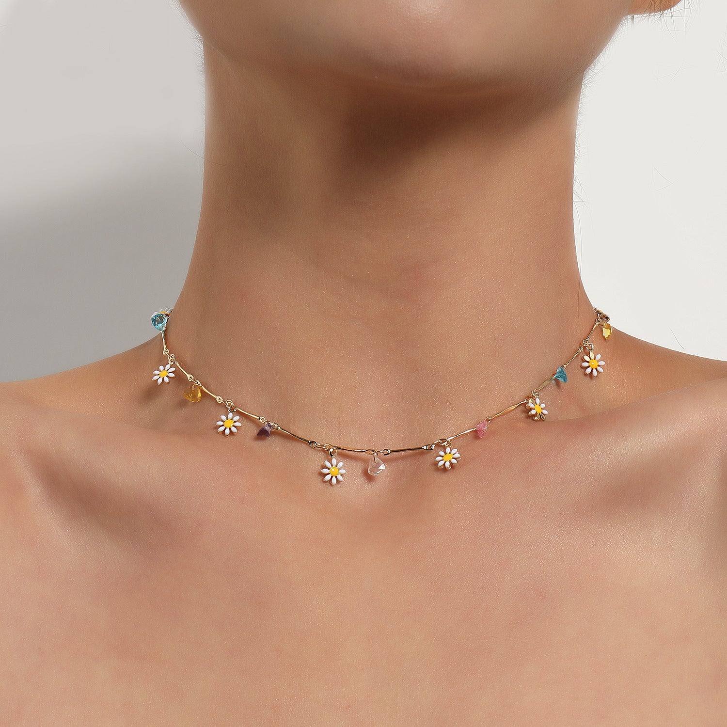Colorful Gemstone Straight Tube Chain Necklace Women's Simple Temperament Painted Drip Glaze Flower Necklace