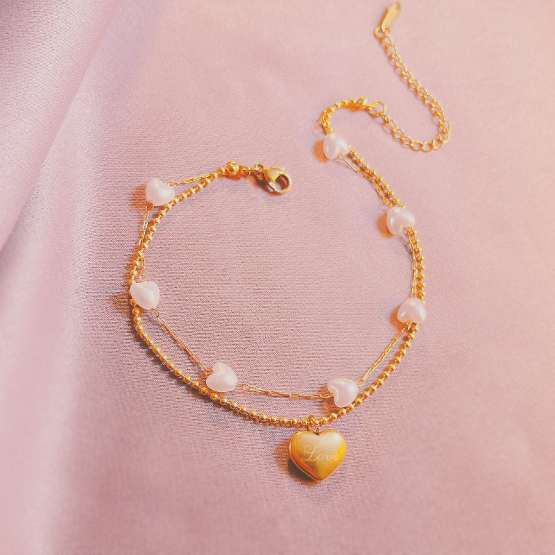 Mild Luxury Retro Double Layers Loving Heart Anklet