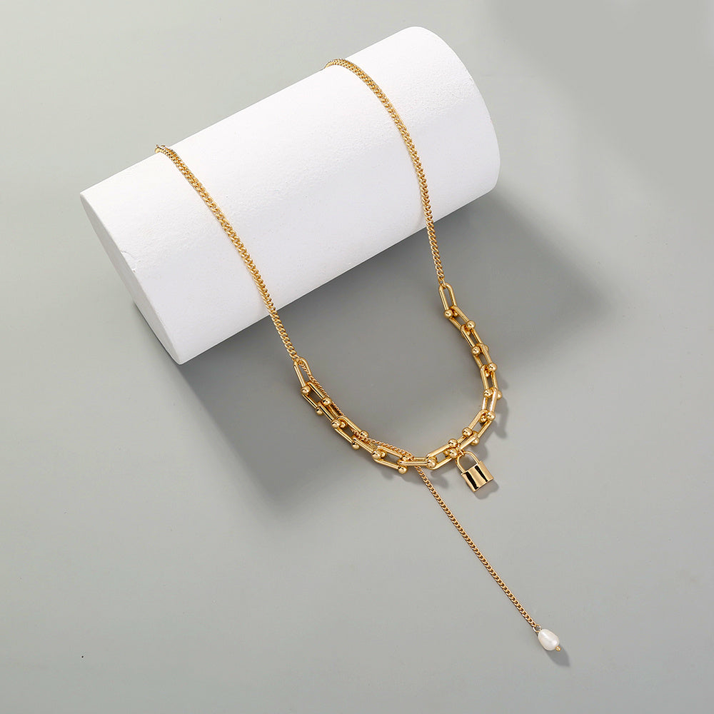 European and American cross-border fashion jewelry U-shaped chain lock-shaped single-layer necklace simple natural freshwater pearl long pendant necklace