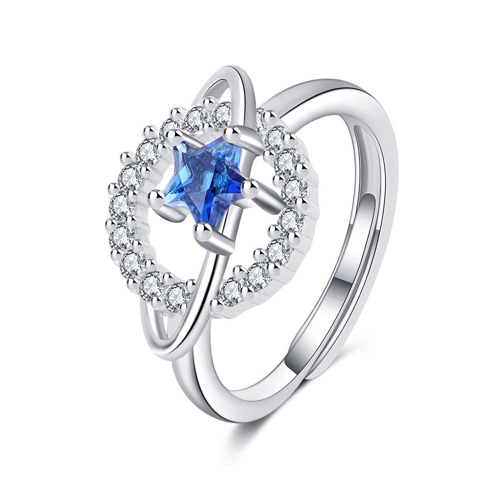 Blue Diamond Single Row Pentagram Planet Ring