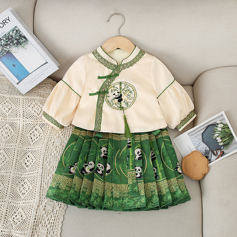 Girls Dress Fashion National Style Children's Two-piece Suit Horse-face Skirt