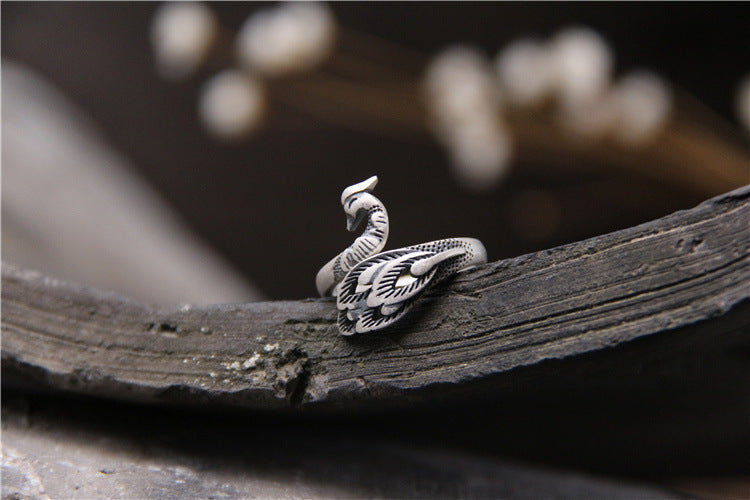 Sterling Silver Distressed Vintage Pure Silver Peacock Phoenix Ring