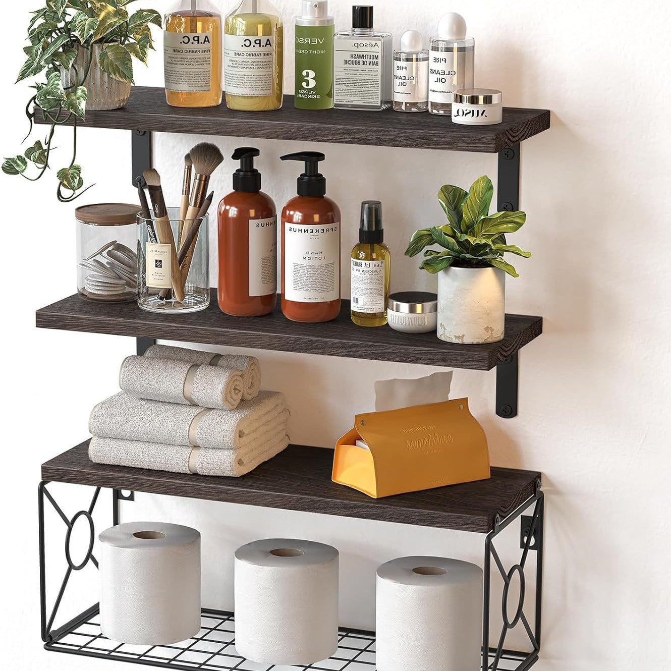 Wall-mounted Floating Rack With Storage Basket Wooden Bathroom Shelf