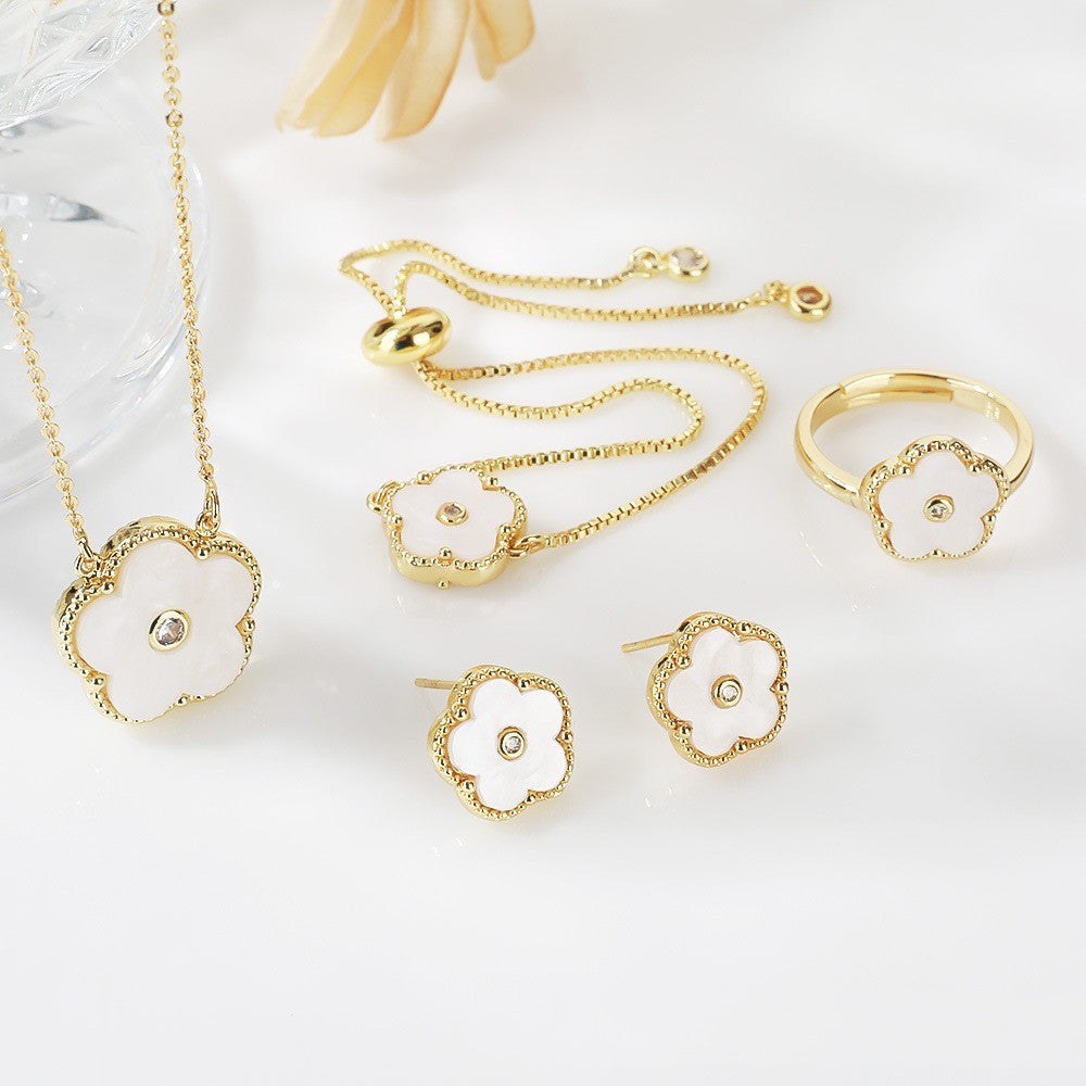 Gold Flower Bracelet Ring Earrings Bracelet Women's Suit